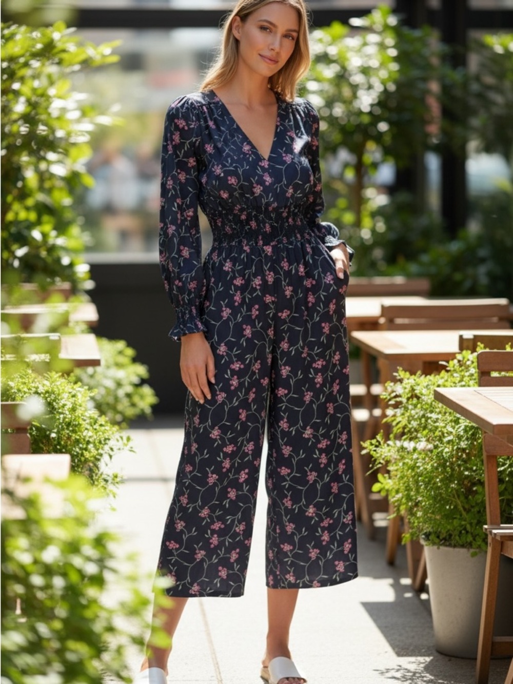 NWT Outerknown City Lights Navy Pink Floral Jumpsuit Size M Cotton Silk Blend